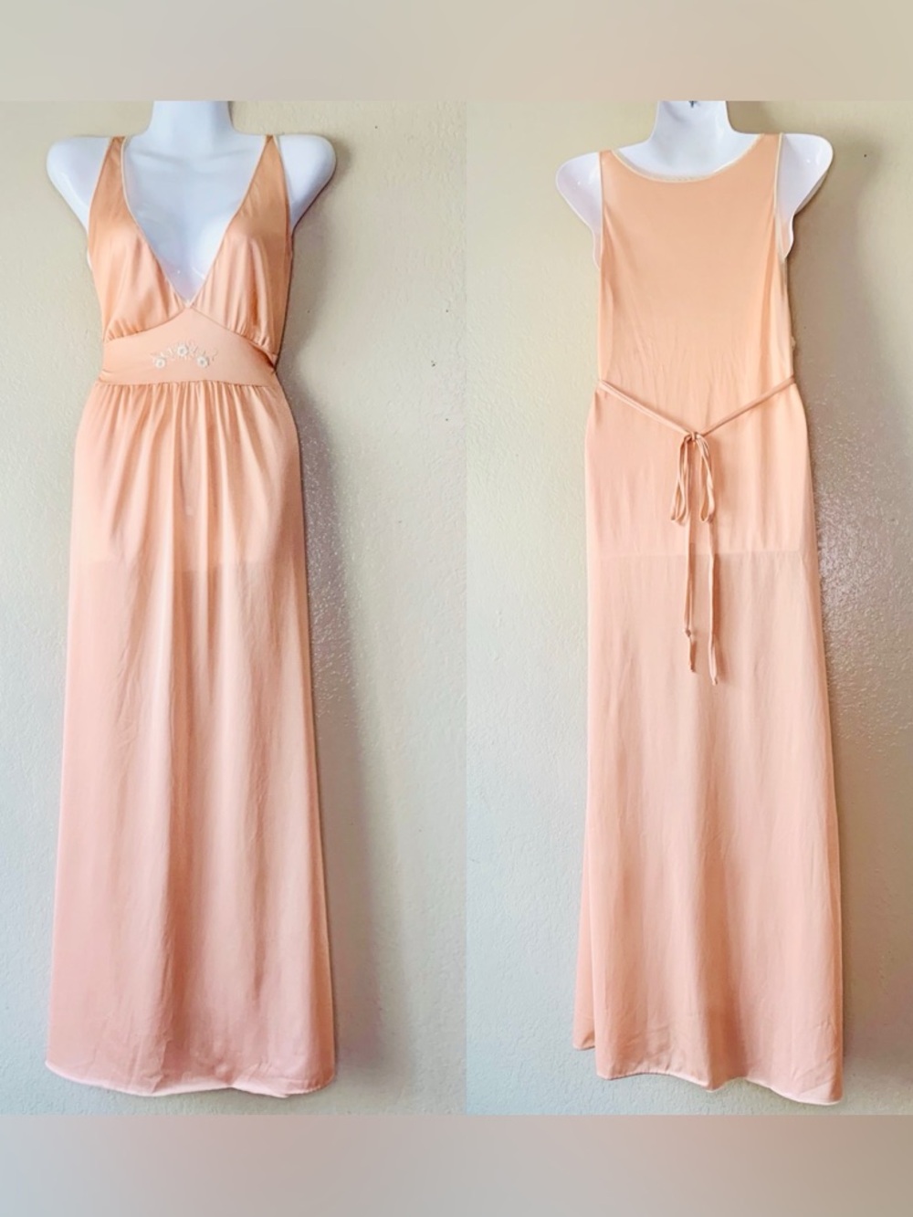 Vintage Peach Embroidered V-Neck Tie Back Fairy Grunge Slip Maxi Dress Flawed